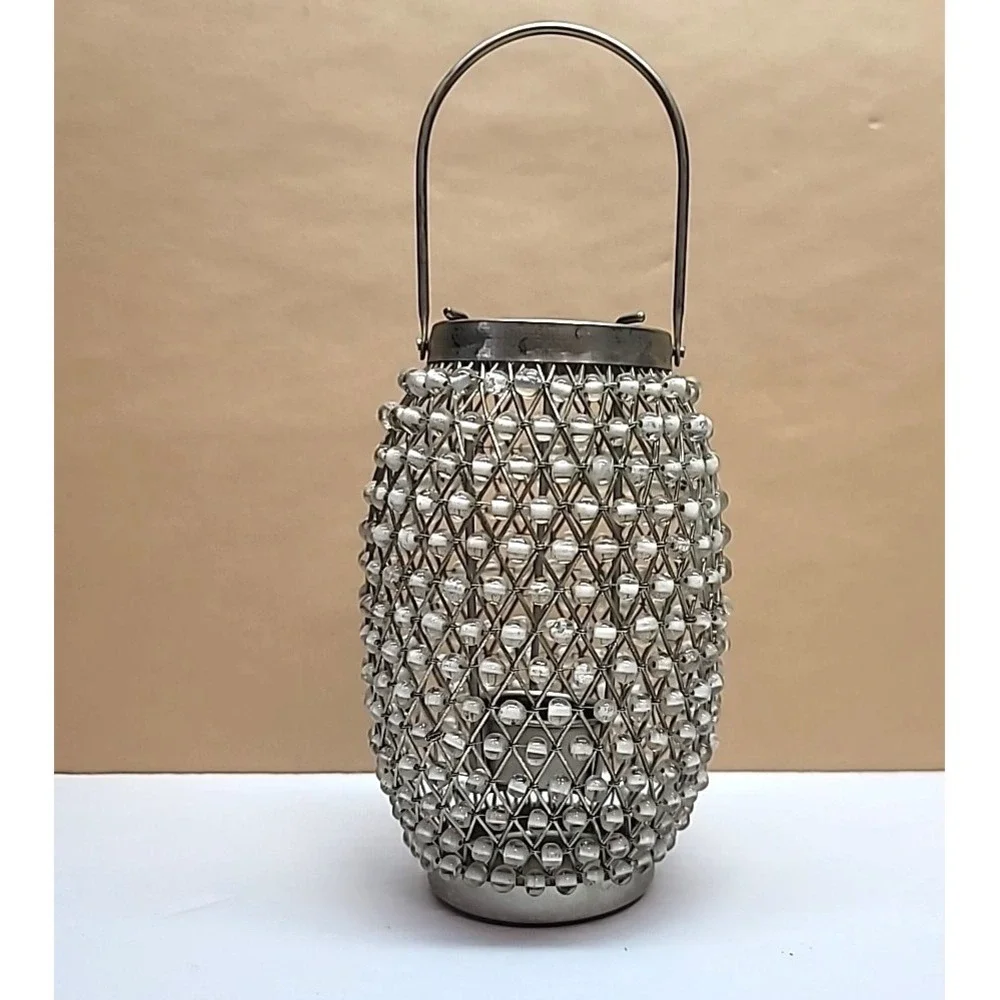 Silver Metal & Clear Glass Beads Tea Light Candle Holder 7